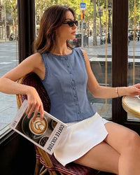 Blue Boat Neck Single Breasted Vest