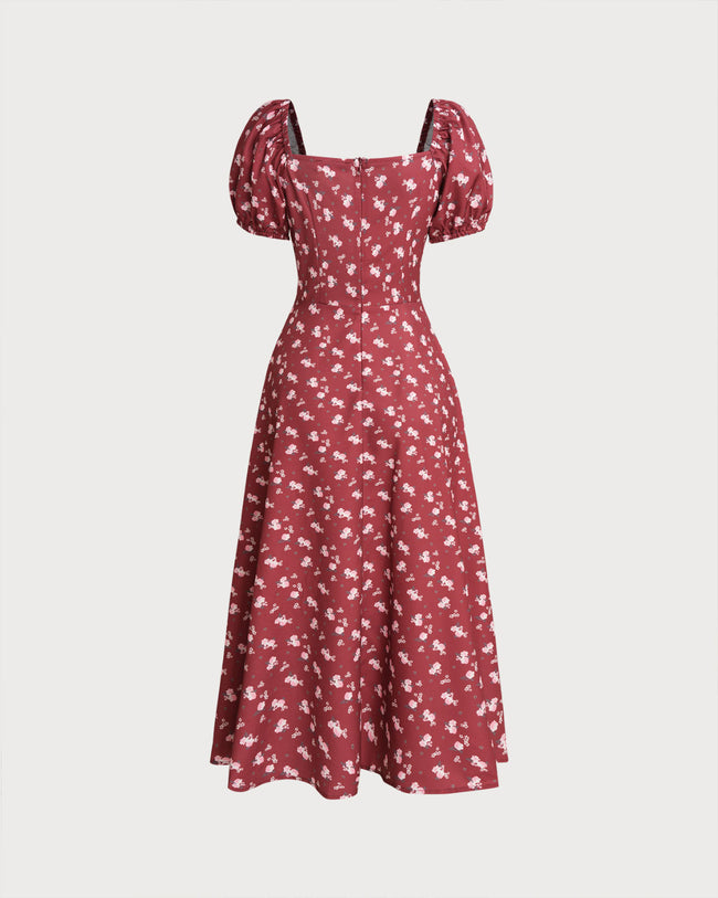 Wine Red Floral Square Neck Puffed Sleeve Midi Dress