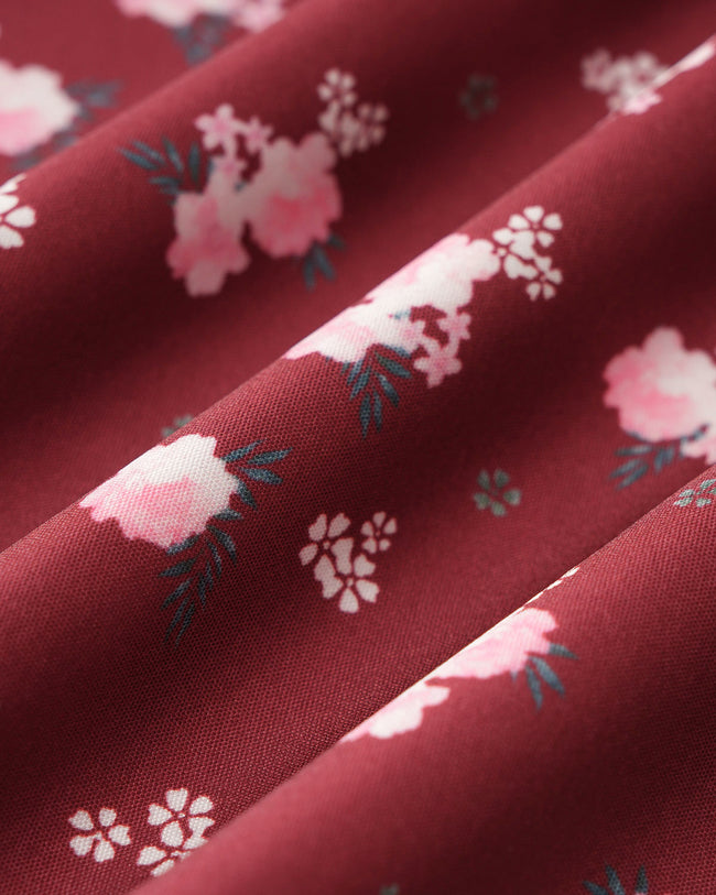 Wine Red Floral Square Neck Puffed Sleeve Midi Dress