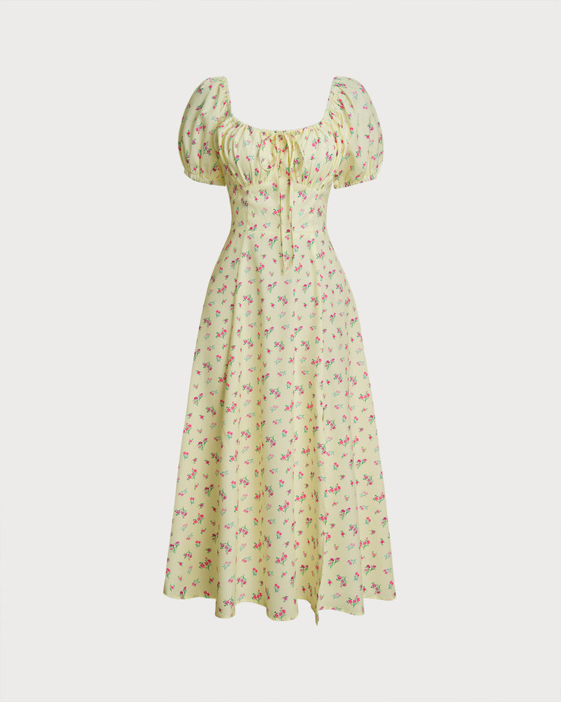 Yellow Floral Square Neck Puffed Sleeve Midi Dress
