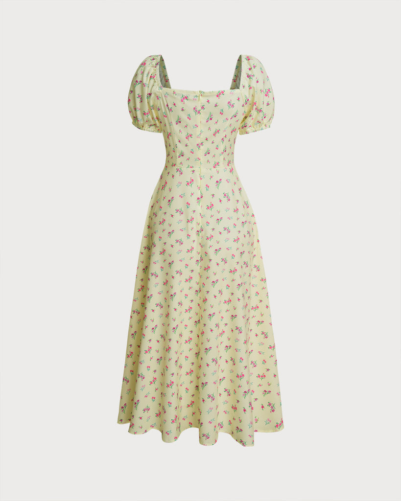 Yellow Floral Square Neck Puffed Sleeve Midi Dress