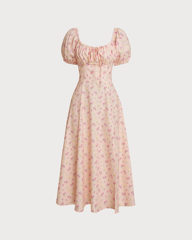 Pink Floral Square Neck Puffed Sleeve Midi Dress