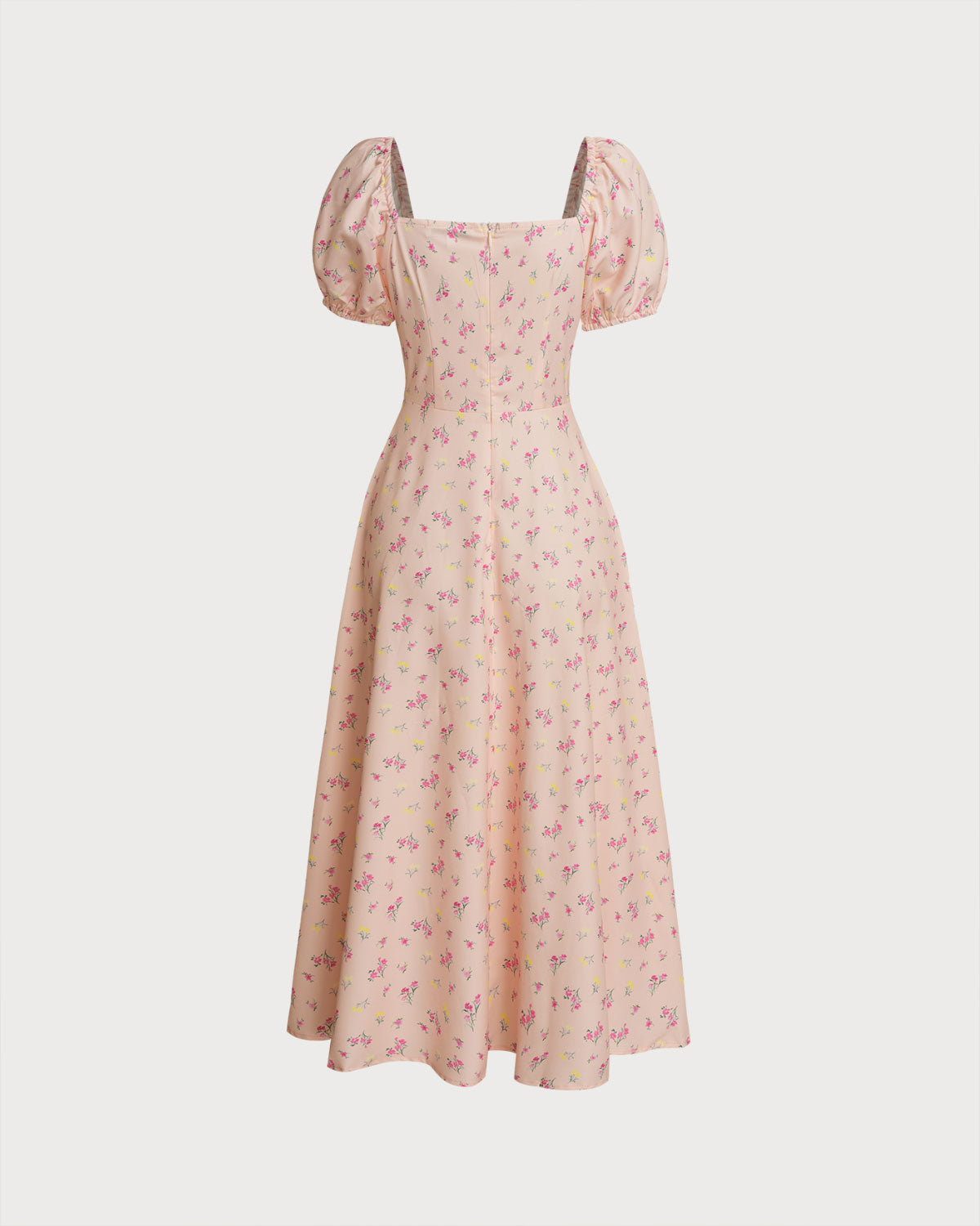 Pink Floral Square Neck Puffed Sleeve Midi Dress