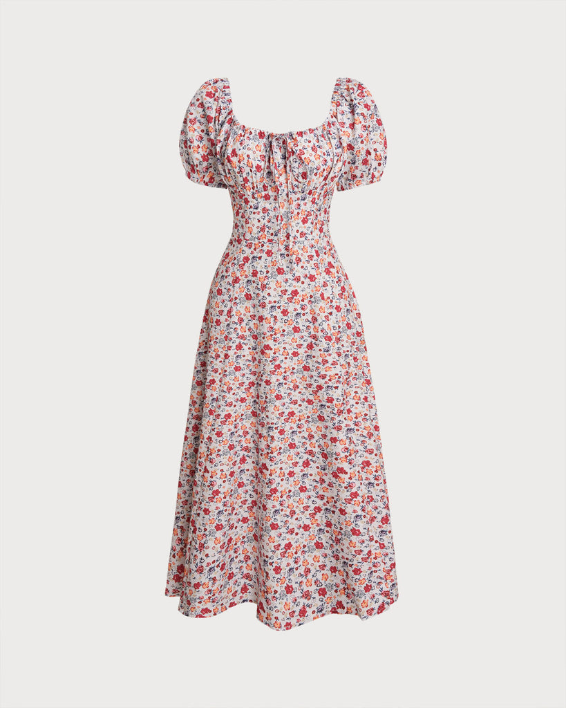 Grey Floral Square Neck Puffed Sleeve Midi Dress
