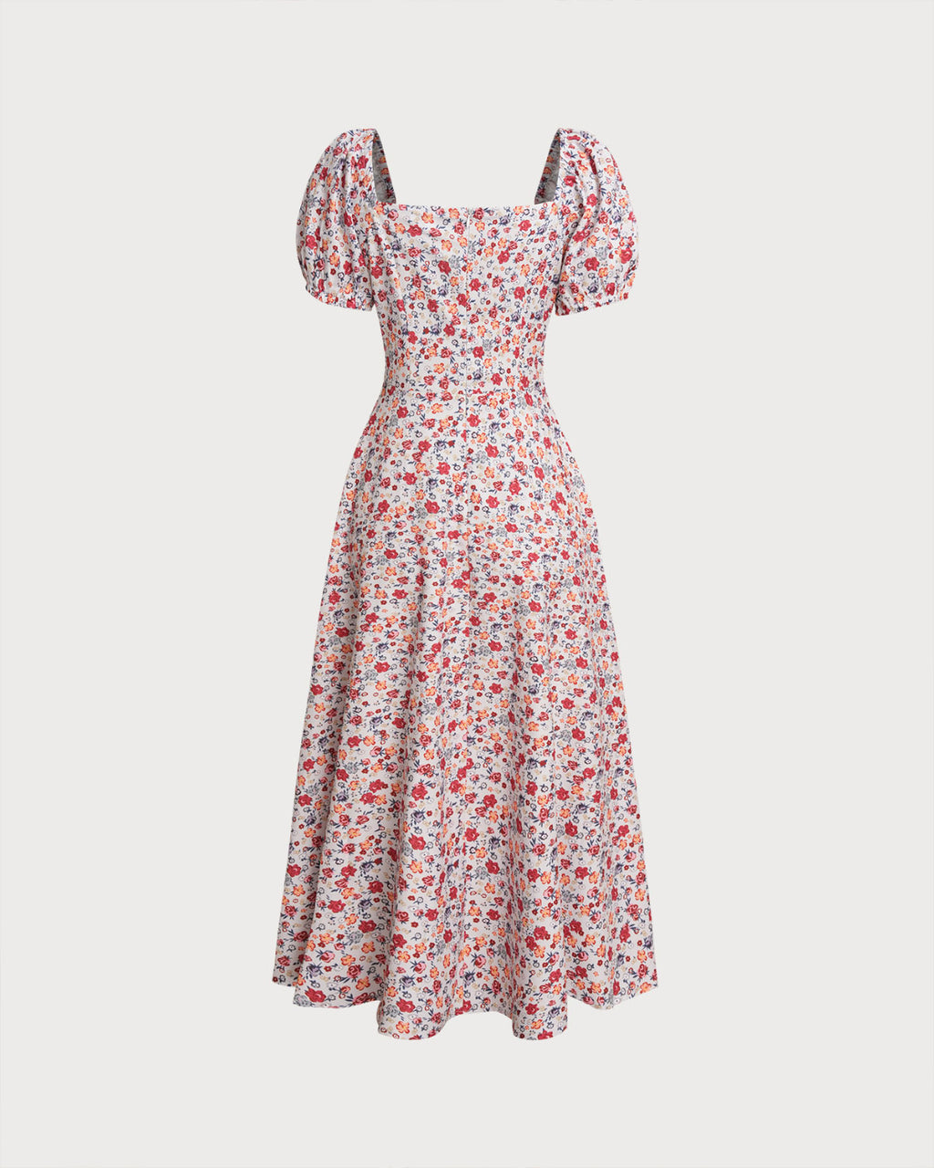 Grey Floral Square Neck Puffed Sleeve Midi Dress