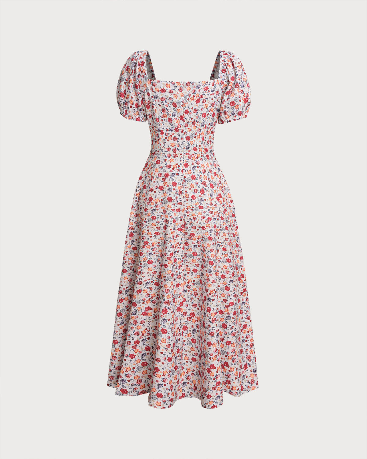 Grey Floral Square Neck Puffed Sleeve Midi Dress