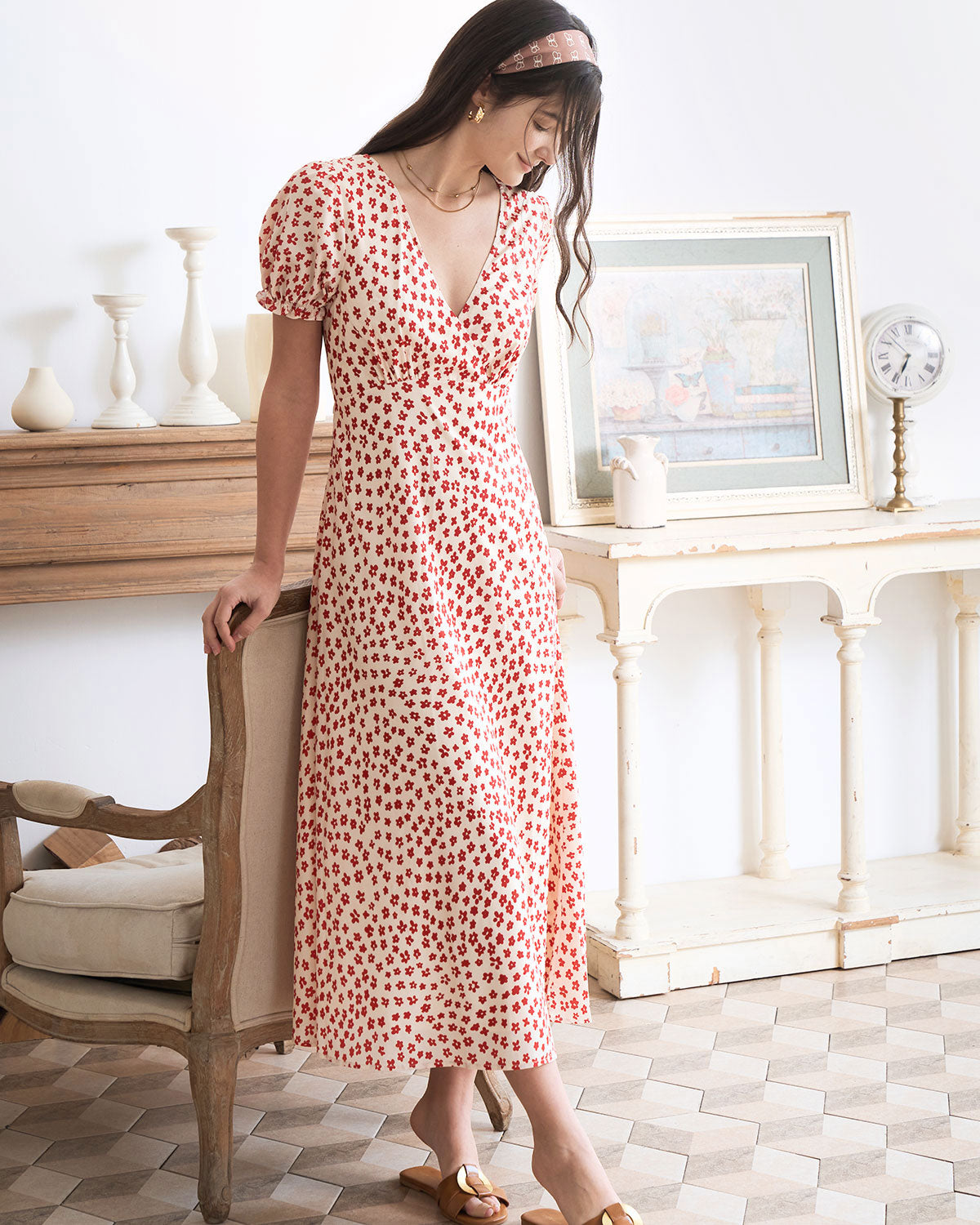 Women's Floral Maxi Dress - Black, Long Sleeve, White Floral