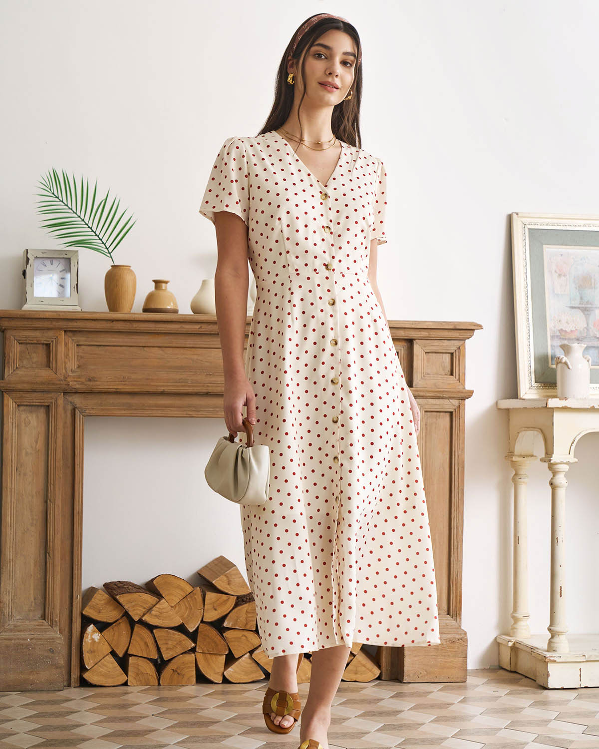 The Beige V Neck Polka Dot Button Midi Dress The Beige V Neck Polka Dot Button Midi Dress