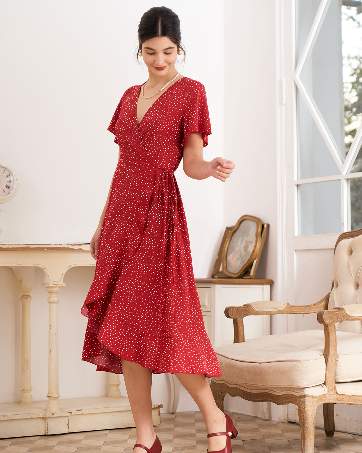 Women's Retro Polka Dot V Neck Short Sleeve Ruffle Wrap Midi Dress, Red / S Women's Retro Polka Dot V Neck Short Sleeve Ruffle Wrap Midi Dress, Red / S
