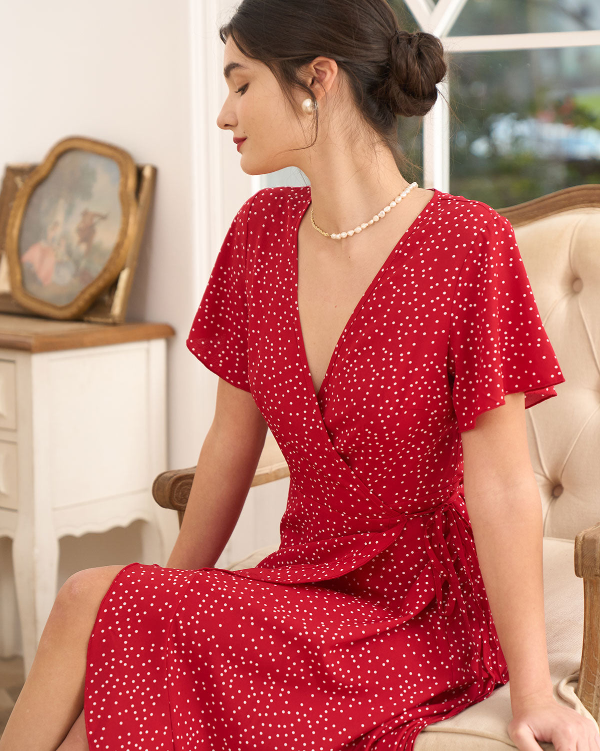 The Polka Dot Ruffle Wrap Dress - Red Women's Casual Wrap Dress, Stylish- Red - Dresses | RIHOAS The Polka Dot Ruffle Wrap Dress - Red Women's Casual Wrap Dress, Stylish- Red - Dresses | RIHOAS