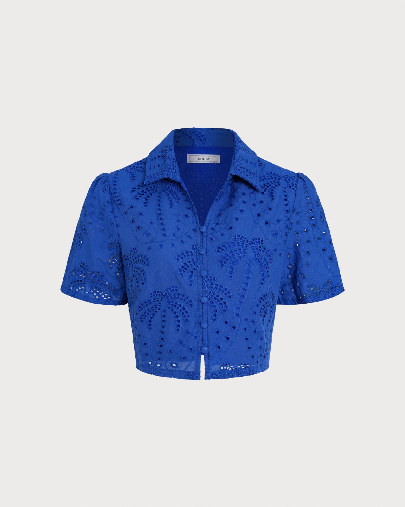 Blue Textured Button Collar Blouse & Reviews - Blue - Tops | RIHOAS