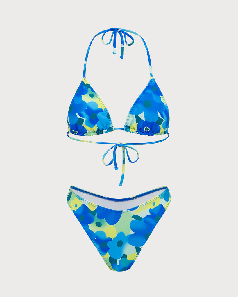 Blue Knitted Colorful Floral Bikini Set