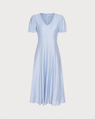 Blue V Neck Sheer Zipper Midi Dress