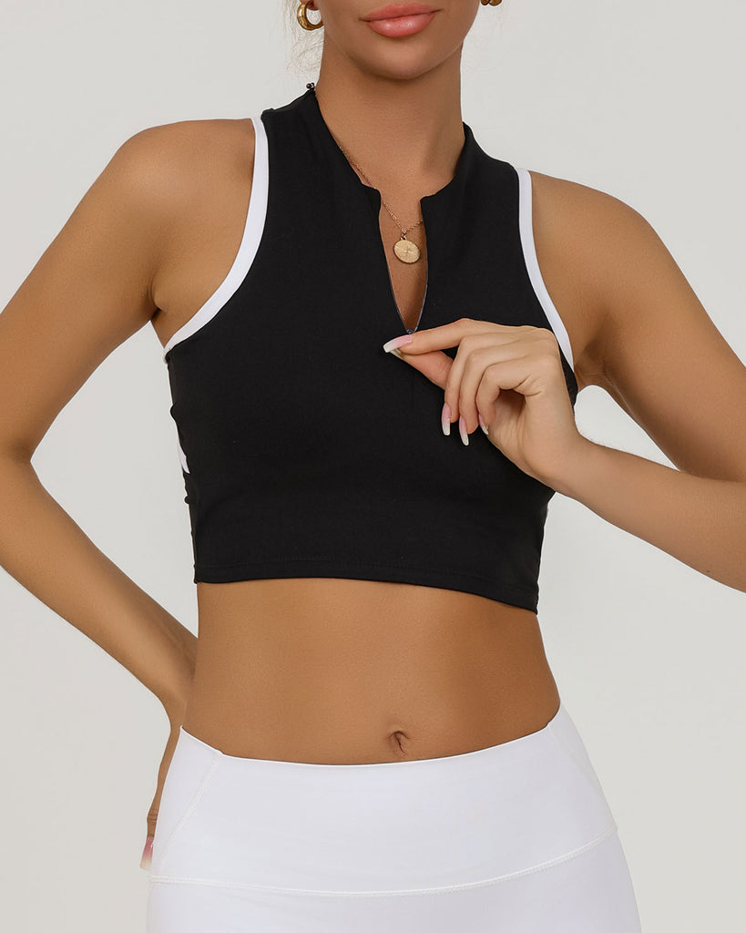 Black Round Neck Zipper Yoga Tank Top - Light Support