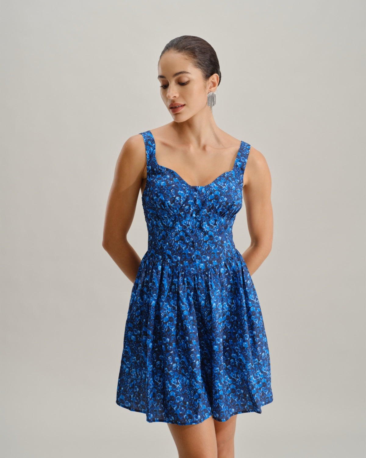 Blue Floral U-Neck Shirred Mini Dress