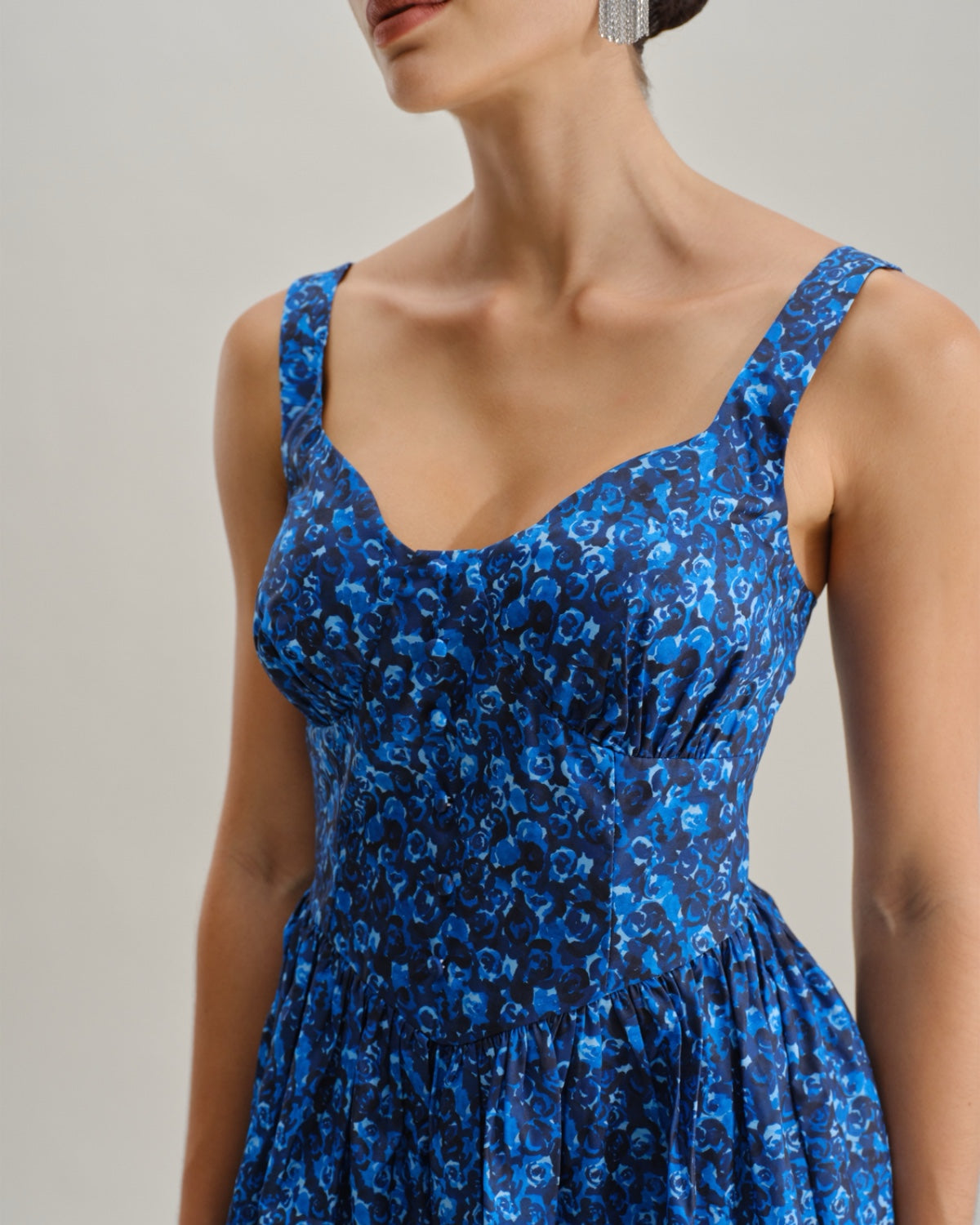 Blue Floral U-Neck Shirred Mini Dress