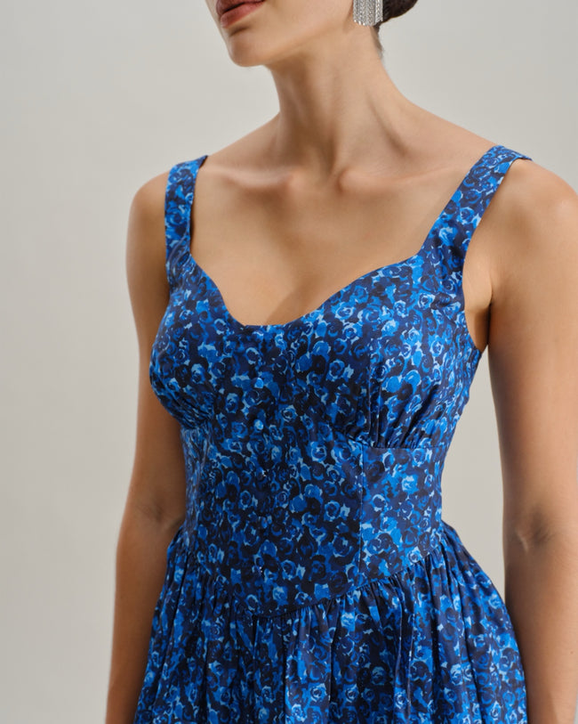 Blue Floral U-Neck Shirred Mini Dress