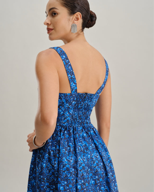 Blue Floral U-Neck Shirred Mini Dress