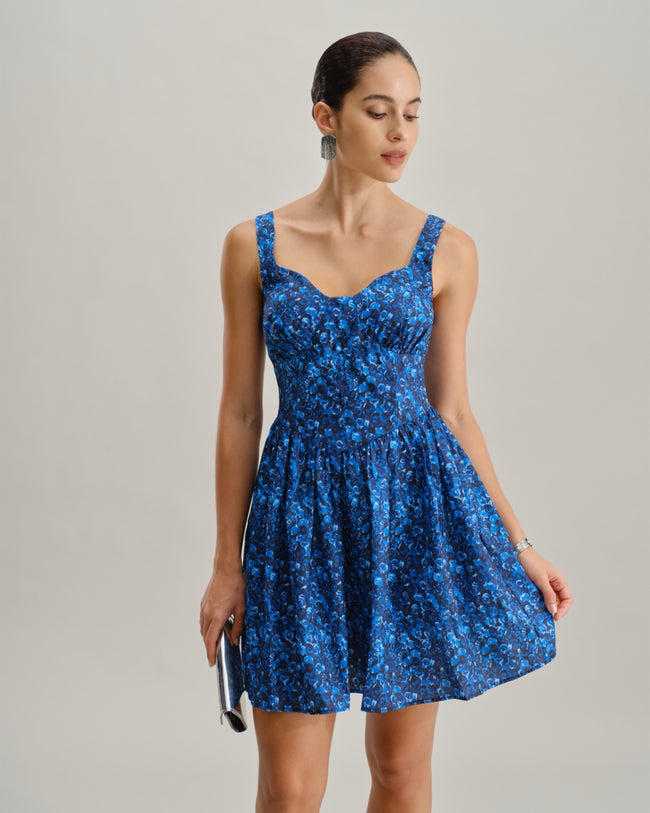 Blue Floral U-Neck Shirred Mini Dress