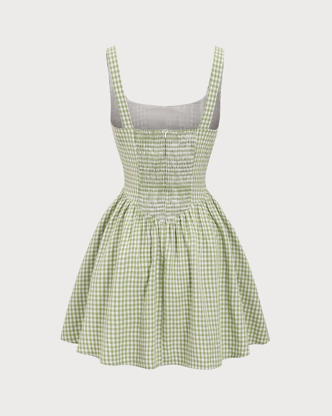 Green Plaid Ruched Slip Mini Dress