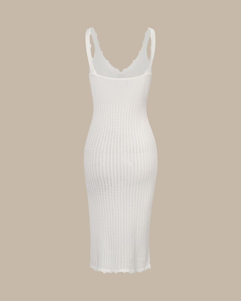 The V-Neck Knitted Pointelle Dress White Dresses - RIHOAS