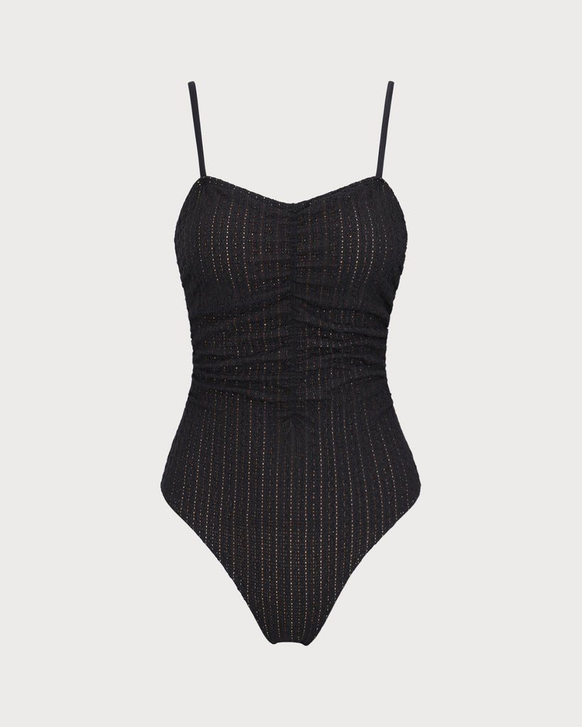 Black Hollow Wrinkled One-Piece Swimsuit