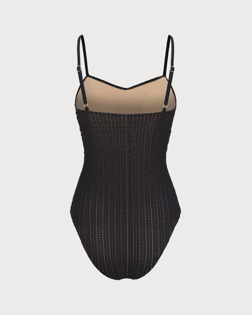 Black Hollow Wrinkled One-Piece Swimsuit