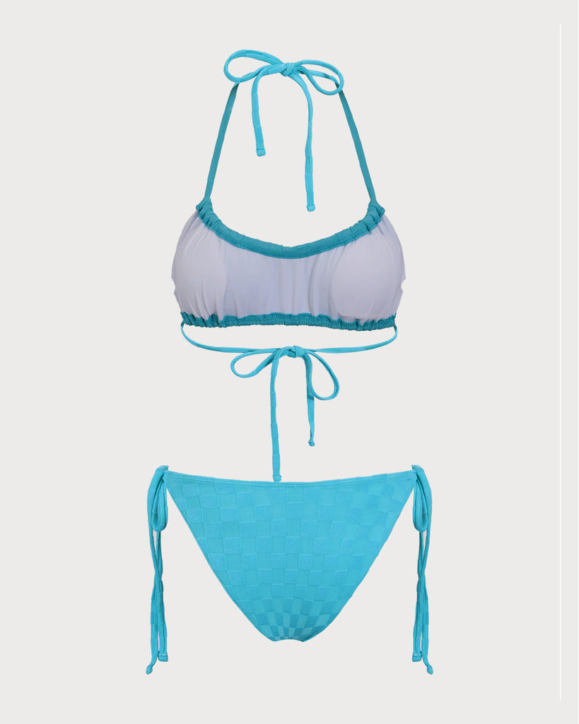 Blue Checkered Ruched Bikini Set