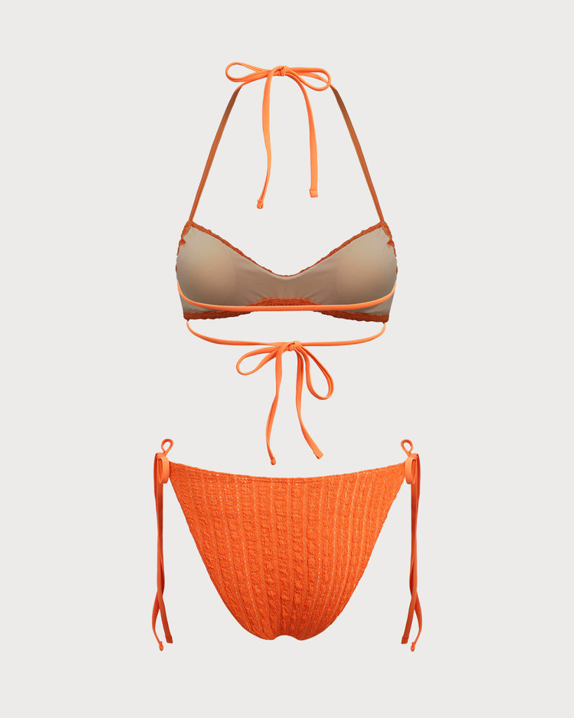 Orange Textured Drawstring Bikini Set