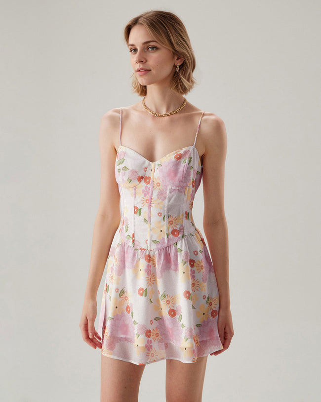 Pink Floral Sweetheart Neck Slip Mini Dress