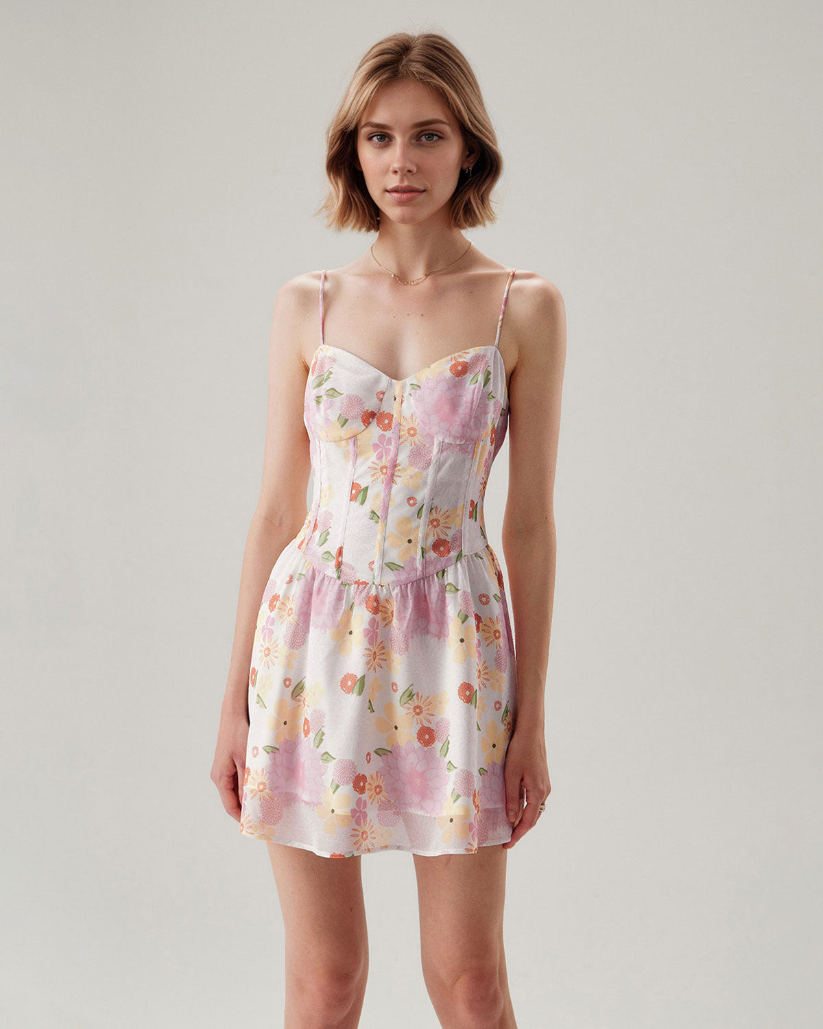 Pink Floral Sweetheart Neck Slip Mini Dress