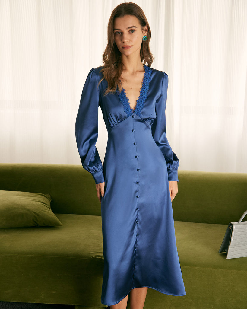 The Blue Deep V Neck Satin Midi Dress Blue Dresses - RIHOAS
