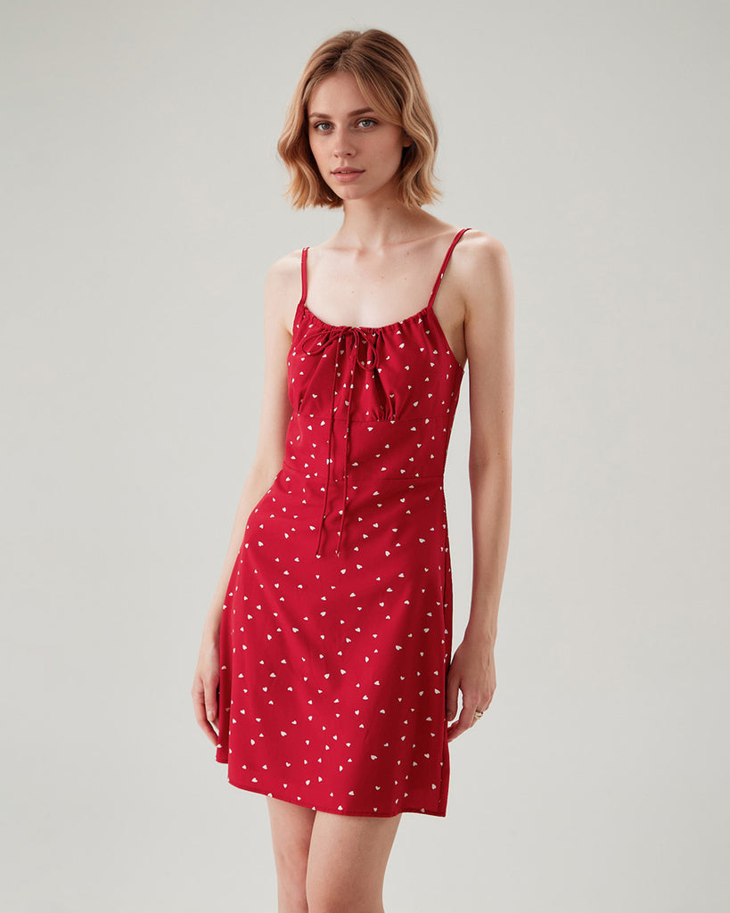 Red Heart Pattern Sweetheart Neck Slip Mini Dress