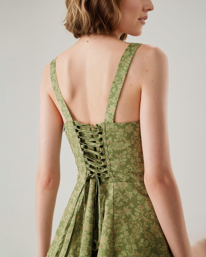 Green Floral Ruched Slip Mini Dress