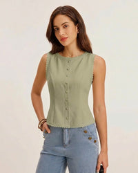 Green Boat Neck Single Breasted Vest