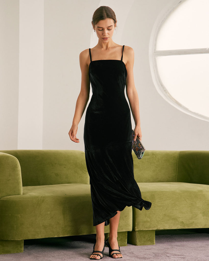 The Black Mesh Spliced Velvet Maxi Dress Dresses - RIHOAS