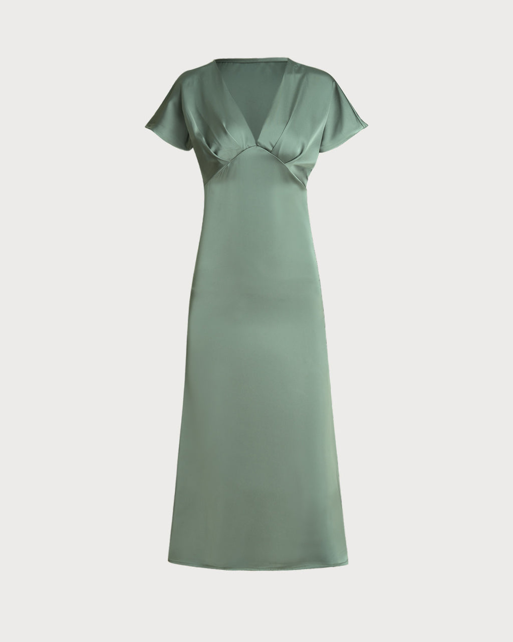 Green Satin V Neck A-Line Midi Dress