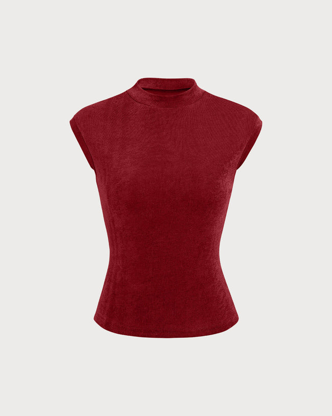 Red sleeveless mock turtleneck top
