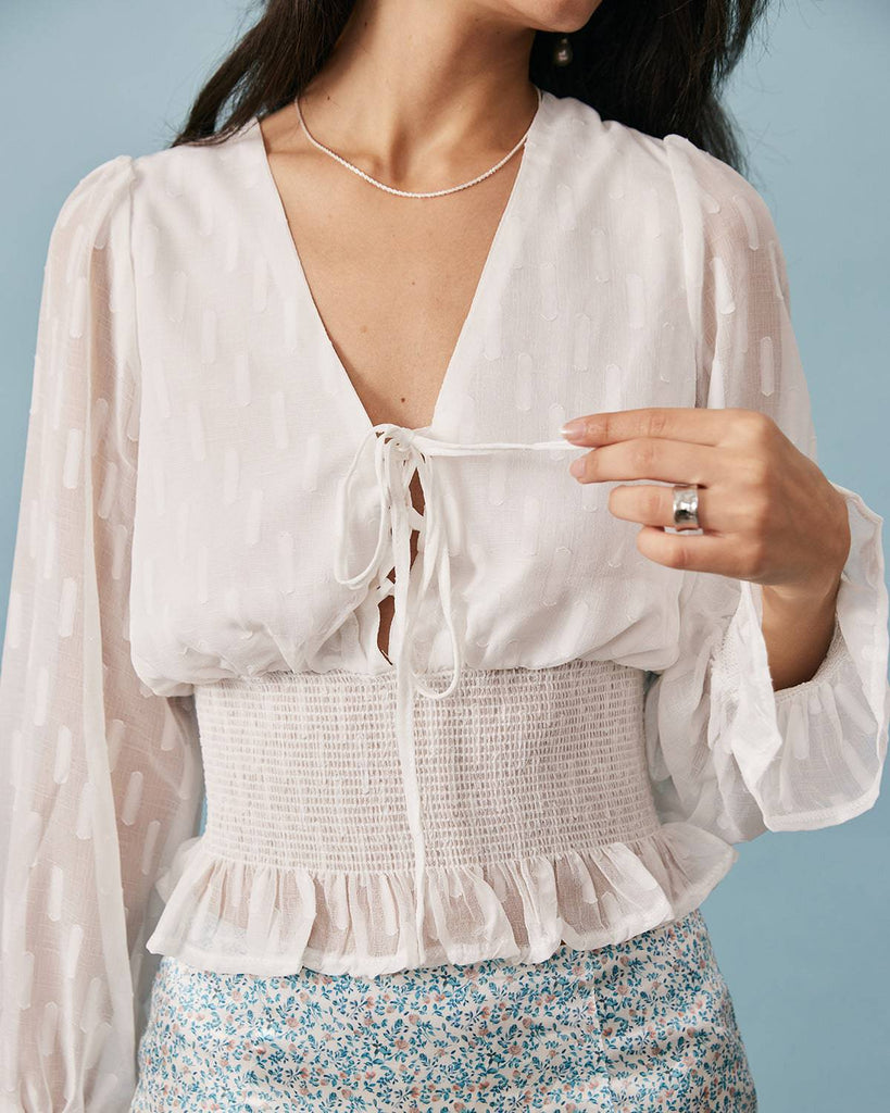 The See-Through Smocked V-Neck Blouse - RIHOAS