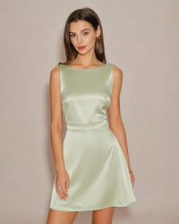 Green Boat Neck Pearl Satin Mini Dress