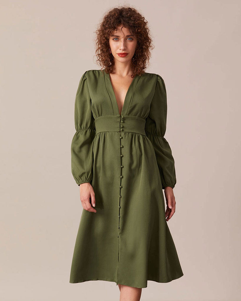 The Deep V Neck Puff Sleeve Midi Dress Dresses - RIHOAS