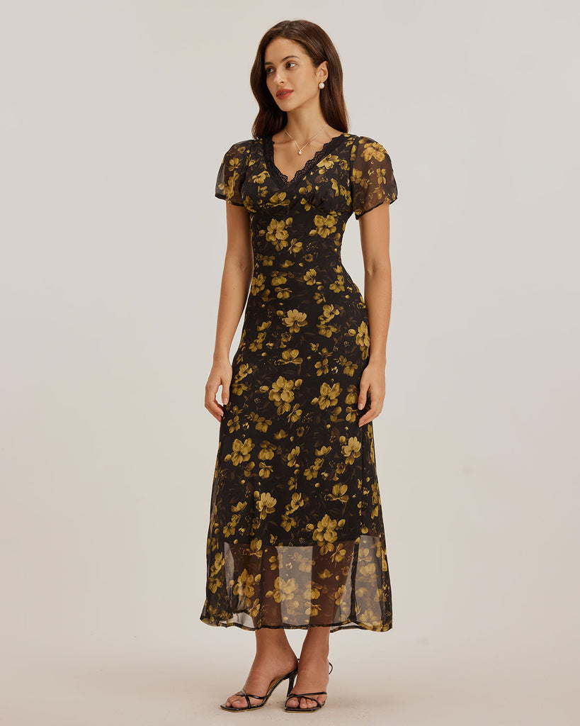Ladies' woven chiffon floral dress Black Dresses - RIHOAS