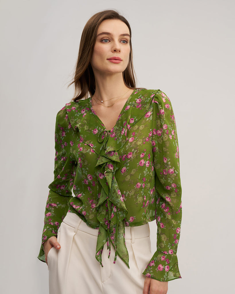 Ladies' woven chiffon shirt Green Tops - RIHOAS