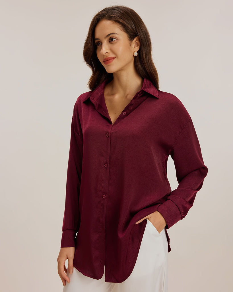 Ladies' woven faux acetate shirt Red Tops - RIHOAS