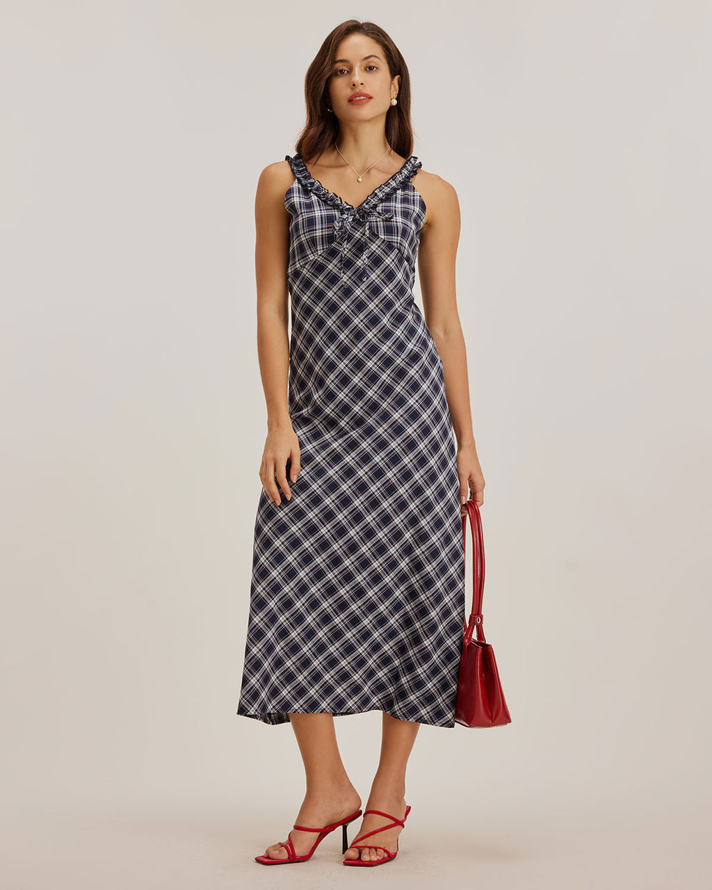 Ladies' woven polyester checkered dress Blue Dresses - RIHOAS