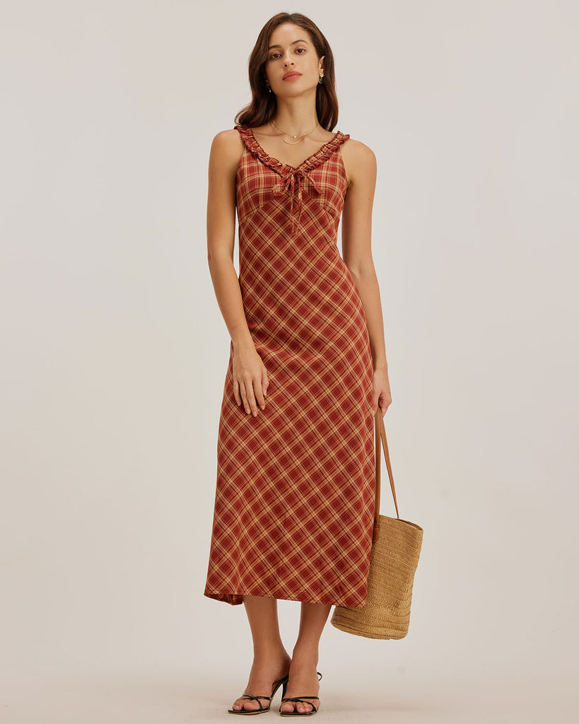 Ladies' woven polyester checkered dress Red Dresses - RIHOAS