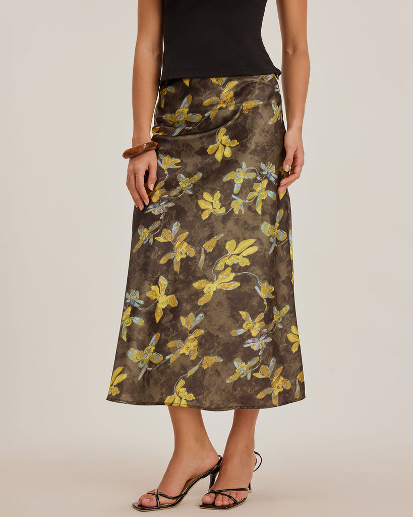 Ladies' woven polyester floral skirt Yellow Bottoms - RIHOAS