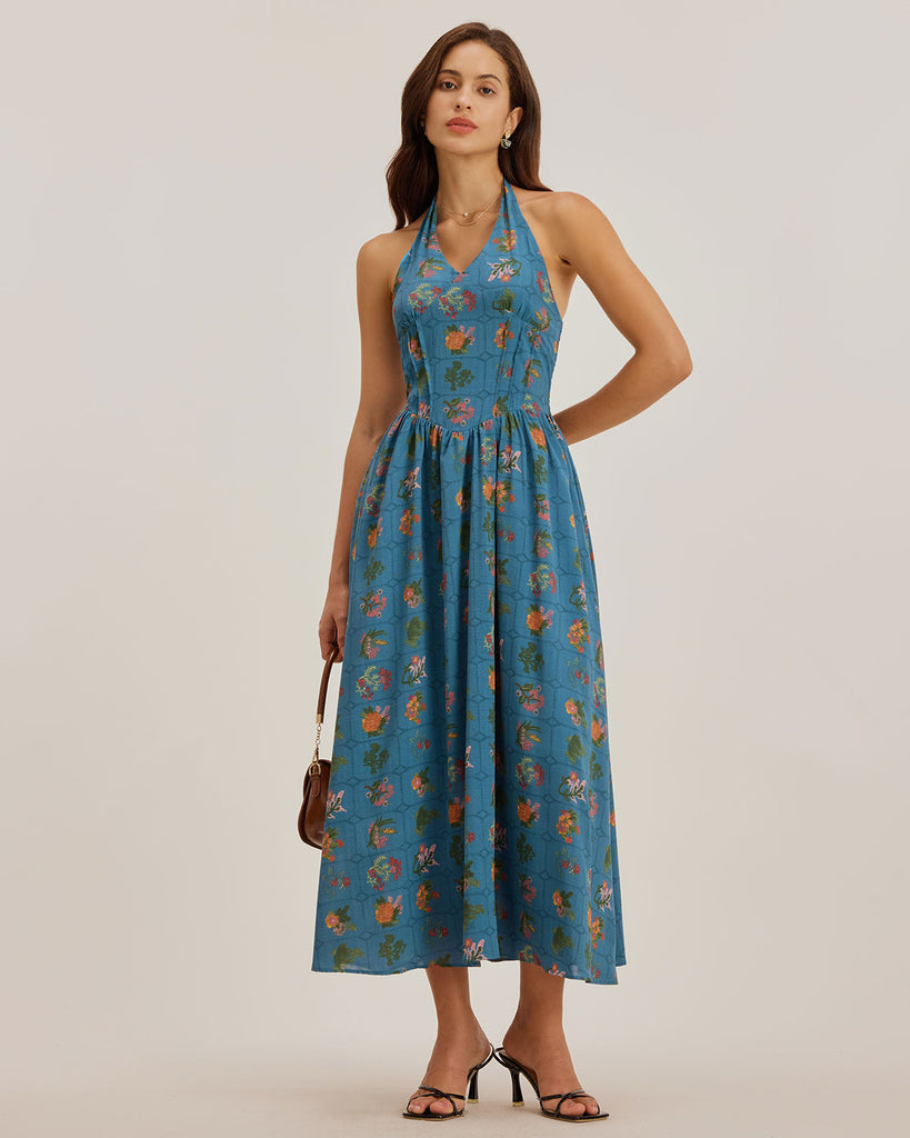 Ladies' woven polyester halter dress Blue Dresses - RIHOAS