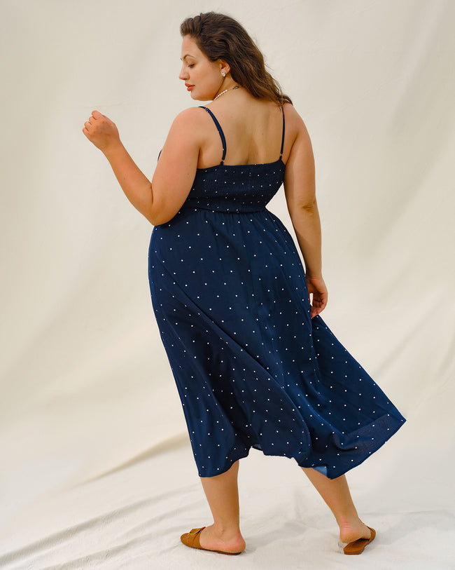 Navy Polka Dot Plus Size Slip Midi Dress