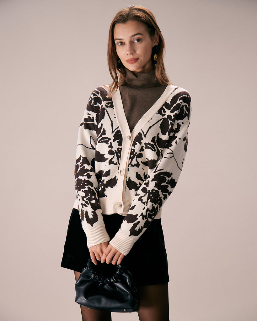 The Abstract Print Button Cardigan Dark Coffee Tops - RIHOAS